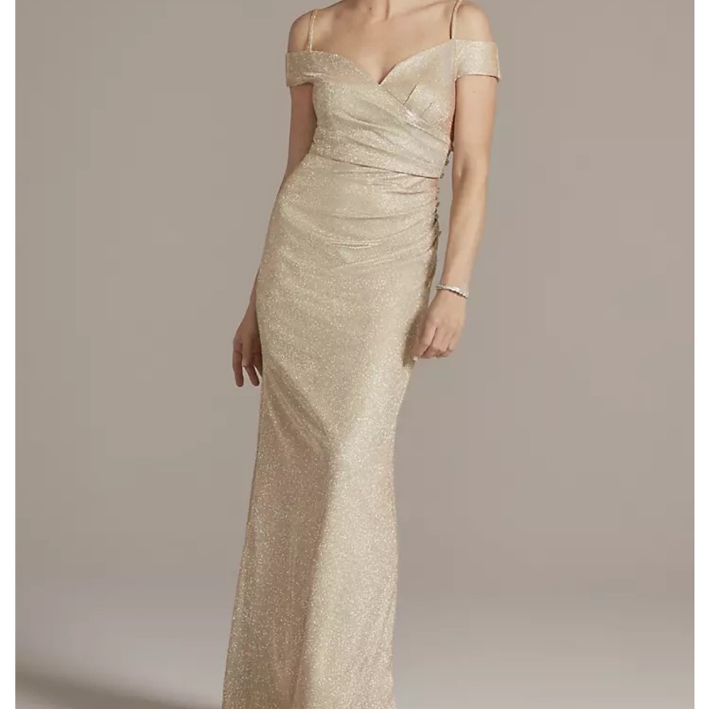 Oleg Cassini Sparkling Gold Off-Shoulder Maxi Dress - Picture 2 of 3